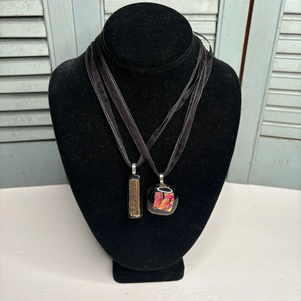 Two Handmade Artist Signed Dichroic Glass Pendant Necklaces on Black Ribbon
